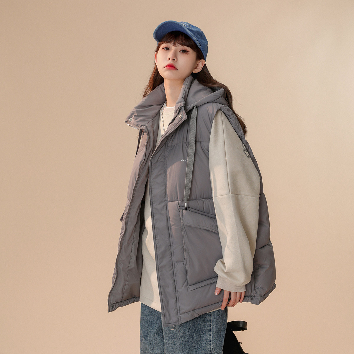 2024冬季中性风新款大口袋连帽可拆卸棉马夹黑色MJ14-P75控108,女装马甲,电商B237