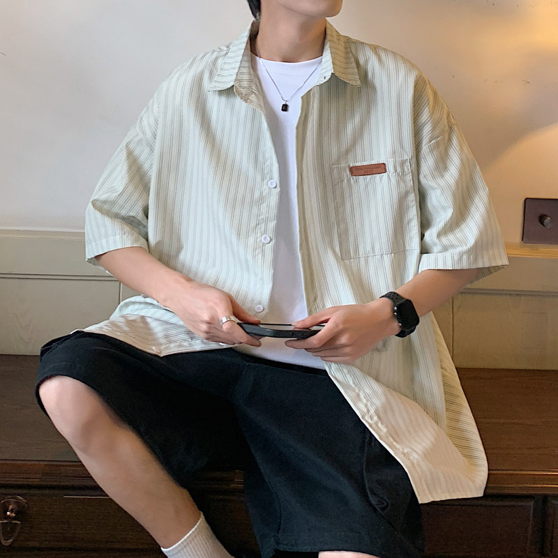 2024港风夏季新款男士宽松条纹衬衫蓝色CC034-P45控68,男装衬衫,电商B237