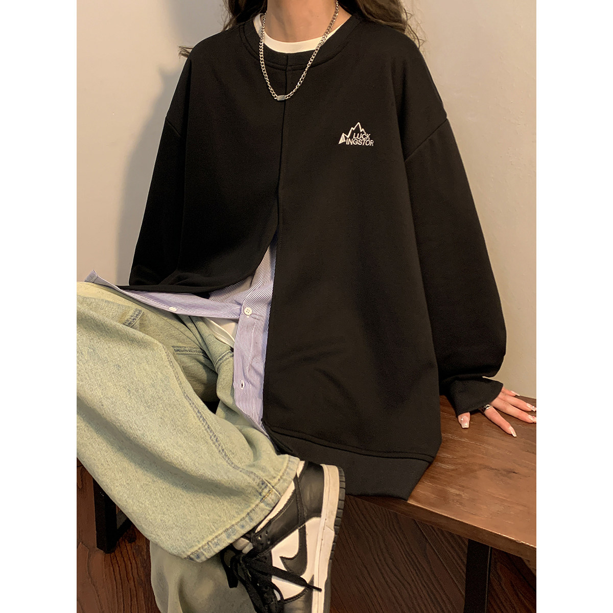 2023女模高品质华棉360克刺绣假两件卫衣黑色W030-P55控88,男装卫衣,电商B237