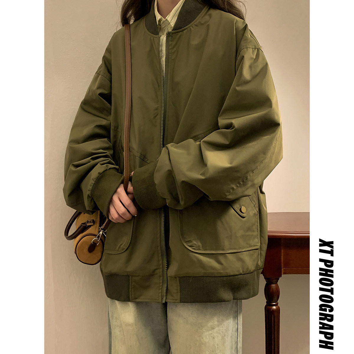 2023女模春季新款高品质包边棒球领夹克绿JK041-P88控128,男装夹克,电商B237