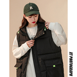 2024冬季中性風(fēng)新款大口袋連帽可拆卸棉馬夾黑色MJ13-P75控108，女裝馬甲，電商B237