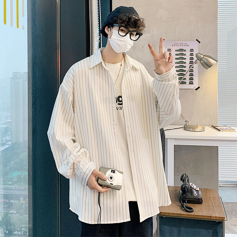2022港风秋季男韩版宽松条纹长袖衬衫潮灰色C40-P40控58元,男装衬衫,电商B237