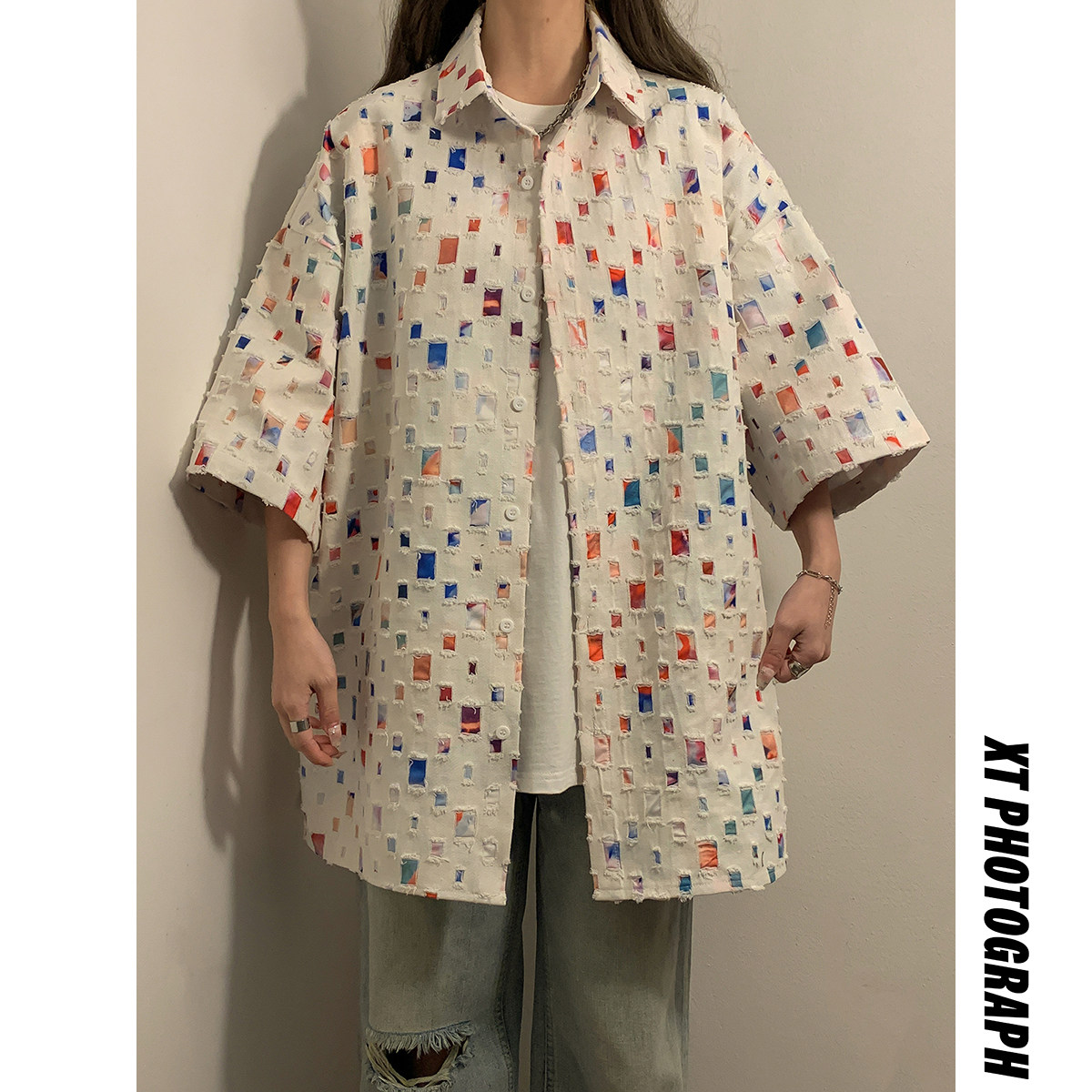 2023女模新款破洞彩色短袖衬衫个性潮流 白色 CC036-P78 控108元图片