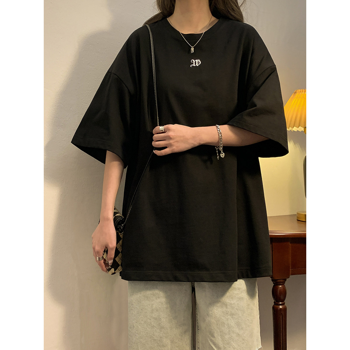 2023女模新款短袖T恤纯棉双纱230克刺绣大板 黑 TX081-P25 控39图片