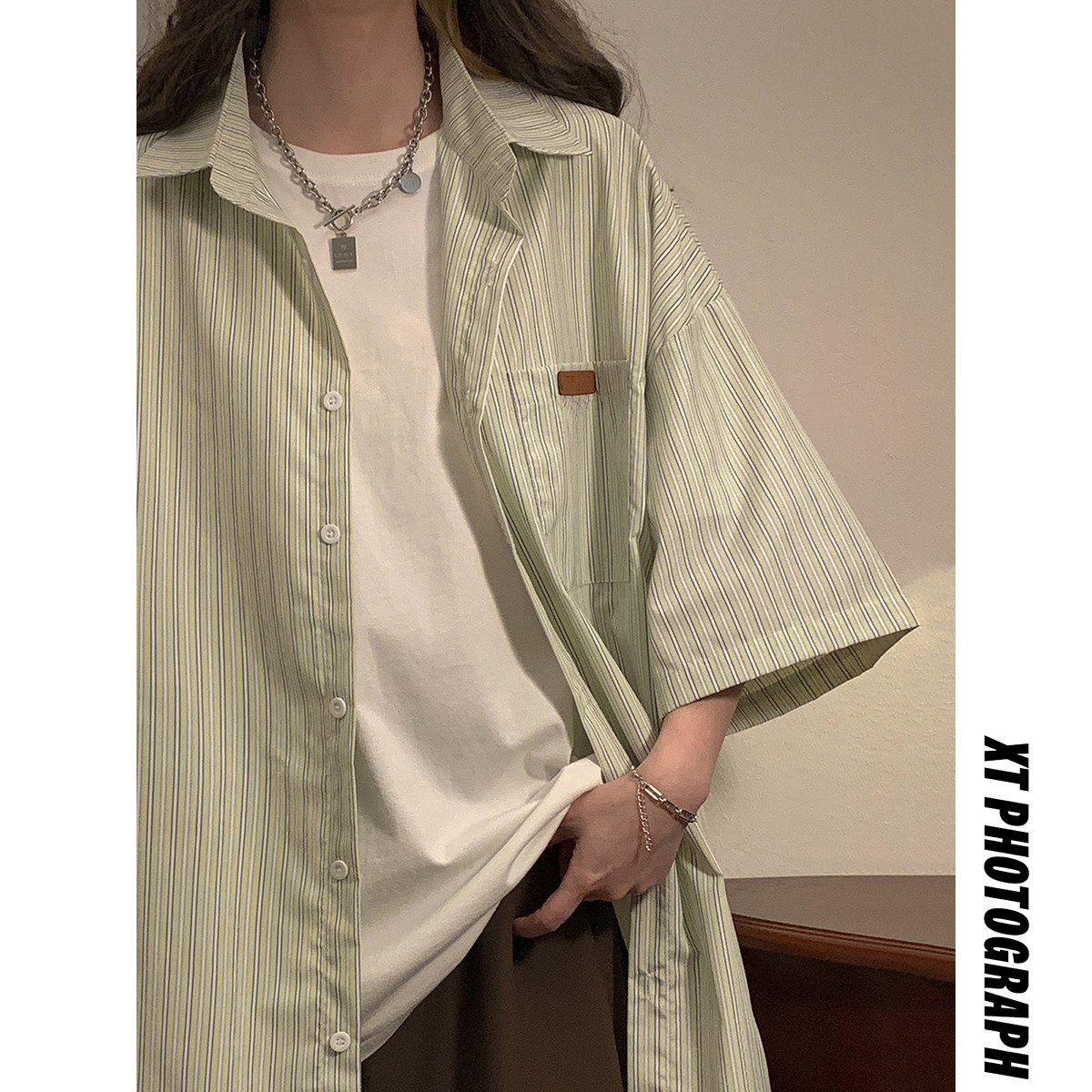 2023女模夏季新款男士宽松条纹衬衫蓝色CC034-P45控68,男装衬衫,电商B237