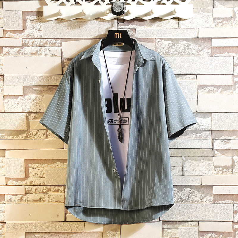 2023砖墙夏季新款条纹短袖衬衫灰色C80-P40，男装衬衫，电商B237