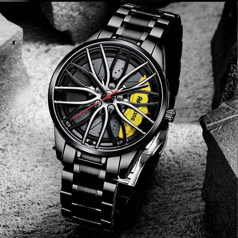 韩版跑车轮胎炫酷个性全自动石英机芯潮男手表男士非机械精钢手表