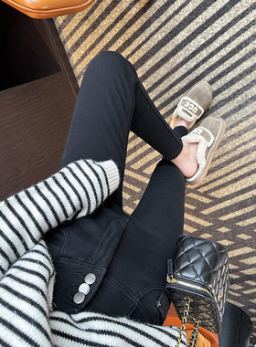 墙裂安利~巨显瘦！黑色加绒高腰九分小脚牛仔裤女弹力加厚铅笔裤