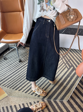梨型救星！~收胯高腰A字牛仔半身裙女春季新款后开叉深蓝色中长裙