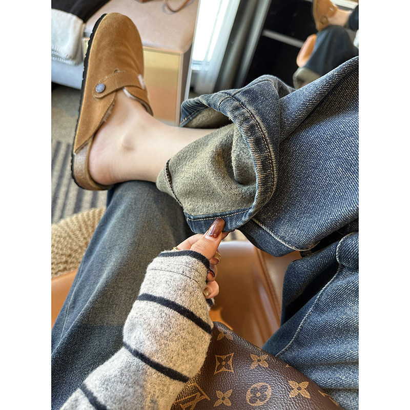 时髦复古色~！深蓝色加绒牛仔裤子女秋冬高腰直筒宽松显瘦阔腿裤,女装/女士精品,牛仔裤,淘宝优惠券,粉丝福利购,淘宝优惠卷