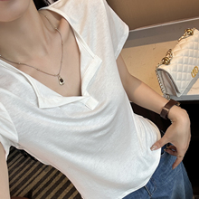 清爽高级感~！修身V领正肩短袖T恤女夏薄款凉感天丝醋酸弹力上衣