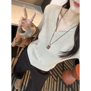 女新款 打底衫 气质柔软弹力显瘦内搭上衣 纯色V领修身 上身超赞