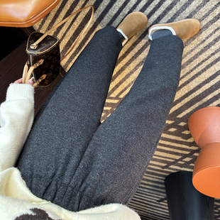 加厚宽松直筒休闲裤 女秋冬新款 毛呢八分奶奶阔腿裤 小个子救星