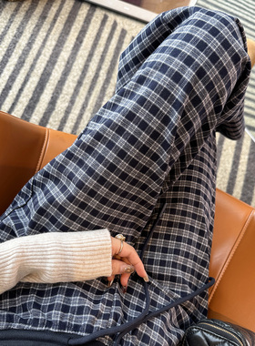 时髦感MAX！~韩系松紧腰格子休闲裤女新款秋高腰宽松阔腿直筒长裤