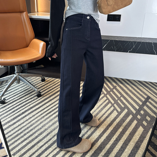 深色宽松加绒牛仔裤 女秋冬新款 子 立体侧骨阔腿弯刀裤 遮胯神裤