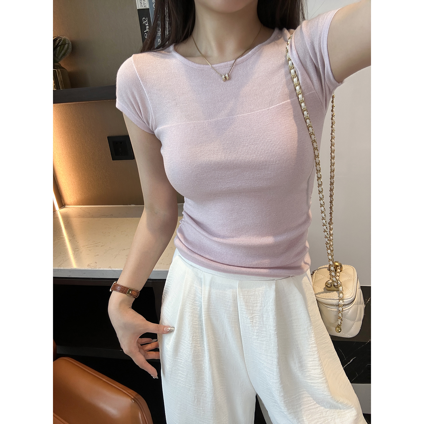 人手必入~！冰丝褶皱收腰短袖T恤