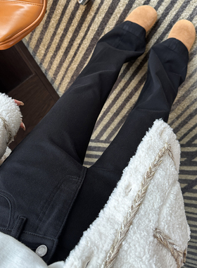 一键拔高！黑色万向弹拉毛微喇叭裤女秋冬新款加绒高腰弹力牛仔裤