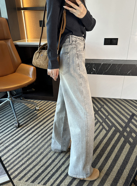 炸街神牛 满钻牛仔裤女2026新款春季复古灰色宽松直筒阔腿长裤子