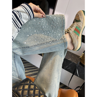 直筒拖地裤 时髦出圈 设计感复古窄版 女新款 口袋笑脸带钻牛仔裤