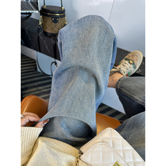 细闪满天星！~浅蓝色拖地牛仔裤女早春新款高腰宽松慵懒阔腿长裤