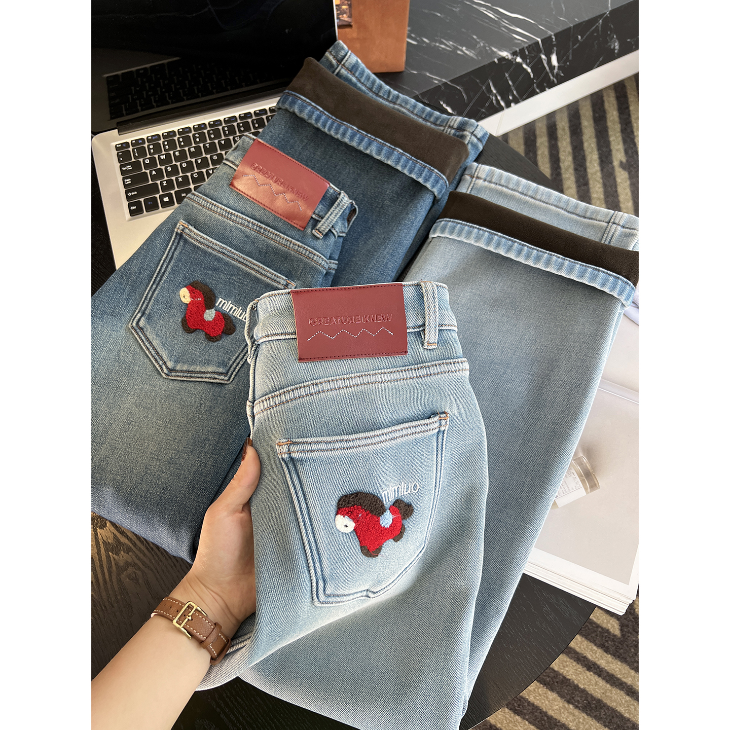 显瘦C位~双缝线复合密密绒牛仔裤