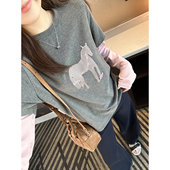 被问爆了 新设计感假两件磨毛T恤上衣 女春季 梦幻粉袖 小马打底衫