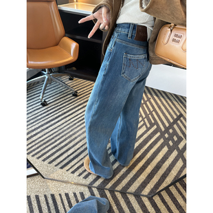 弹力宽松直筒阔腿长裤 女秋冬新款 四面弹加绒牛仔裤 高定线神裤