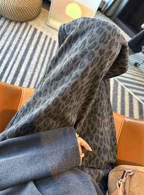 美出圈！~黑色豹纹阔腿休闲裤女秋冬新保暖加绒加厚宽松阔腿长裤