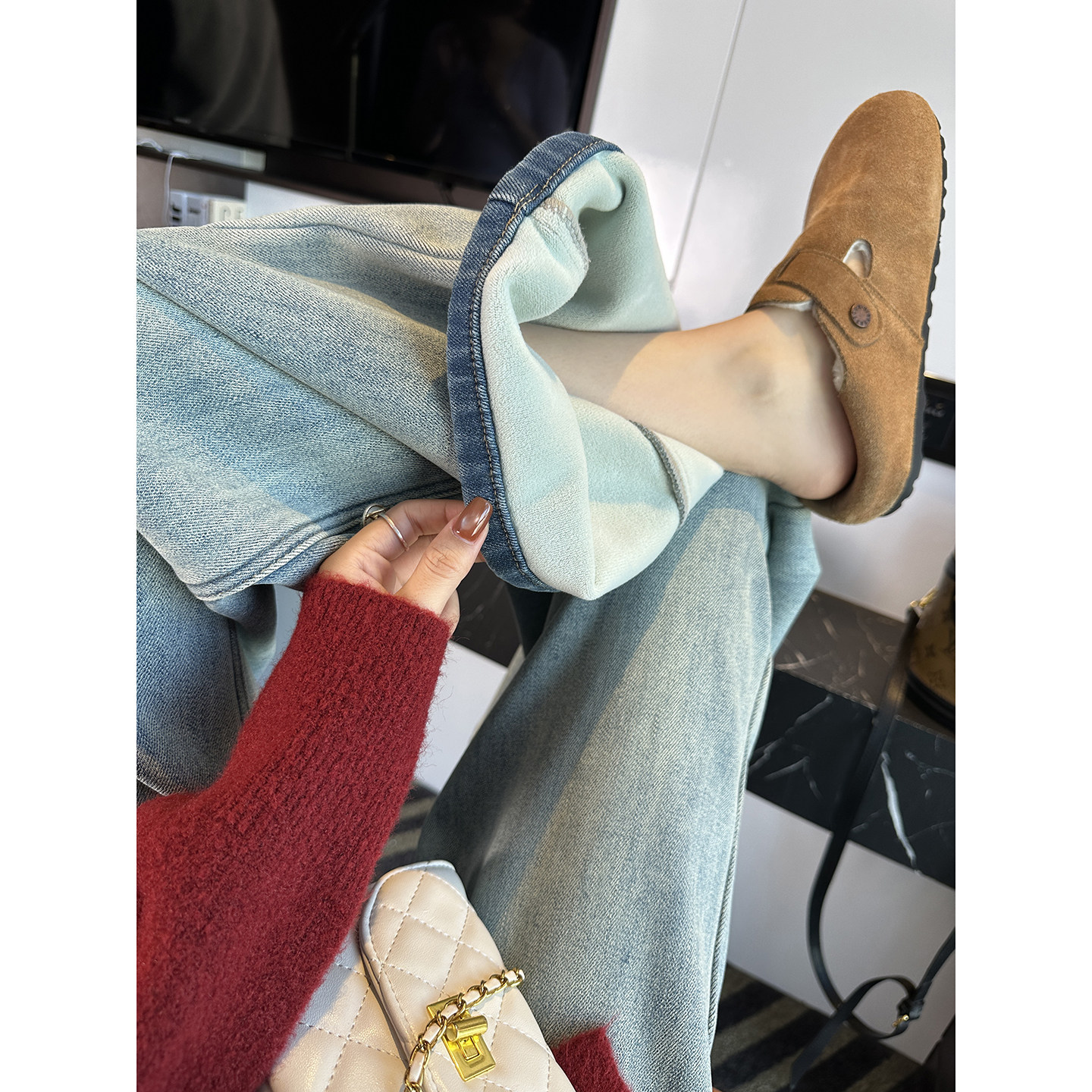 超jue水洗色！~加厚绒阔腿牛仔裤