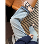 细闪烫钻窄版 直筒裤 女秋冬新款 自带高光 保暖加绒弹力牛仔裤 子