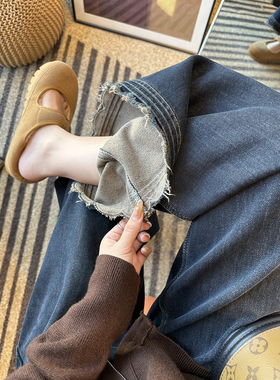 松弛感满满！~小个子毛边刺绣牛仔裤女秋冬加绒宽松直筒大阔腿裤