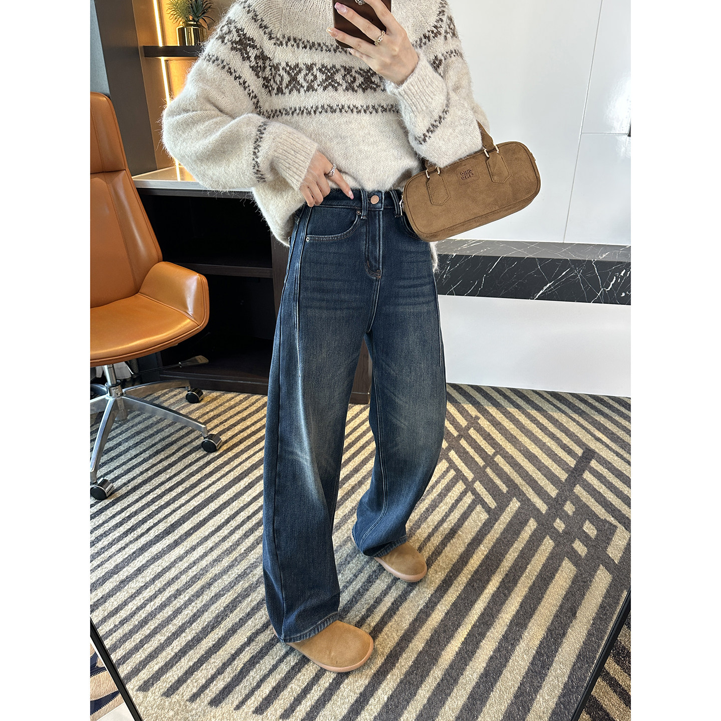 收胯一jue！~密密绒弯刀牛仔裤女秋冬新款保暖加厚宽松阔腿长裤子,女装/女士精品,牛仔裤,淘宝优惠券,粉丝福利购,淘宝优惠卷