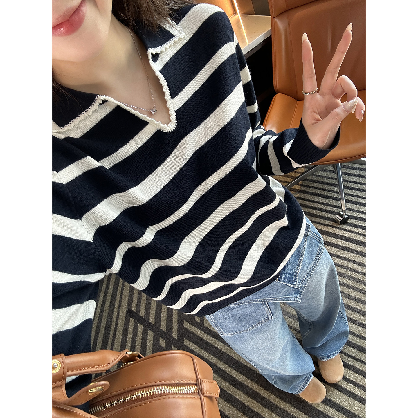 ding级格调！~花边Polo领条纹针织衫女2026新款蚕丝羊毛长袖毛衣,女装/女士精品,毛衣,淘宝优惠券,粉丝福利购,淘宝优惠卷