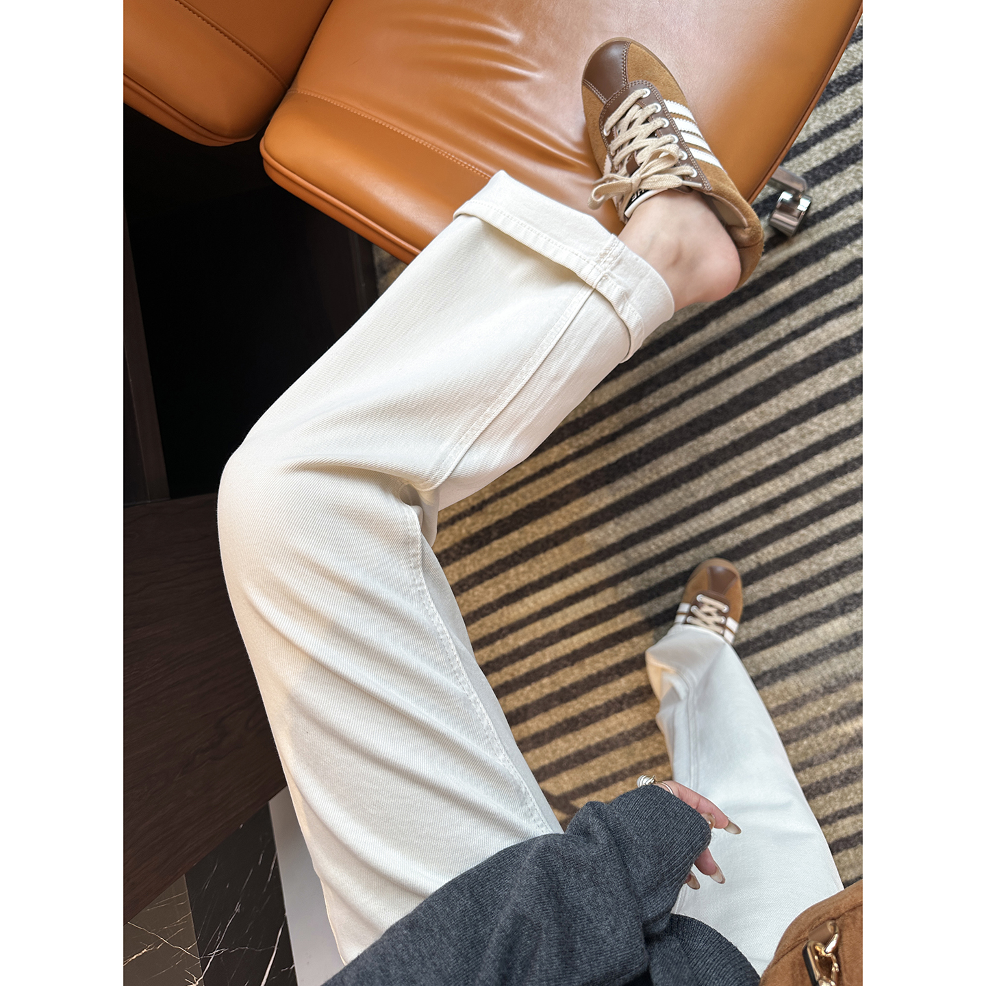 直直腿~双版长短款白色牛仔裤