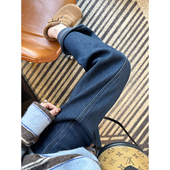 巨遮胯 斜裁加厚绒牛仔裤 女冬季 闭眼入 深蓝色高腰宽松阔腿裤 子