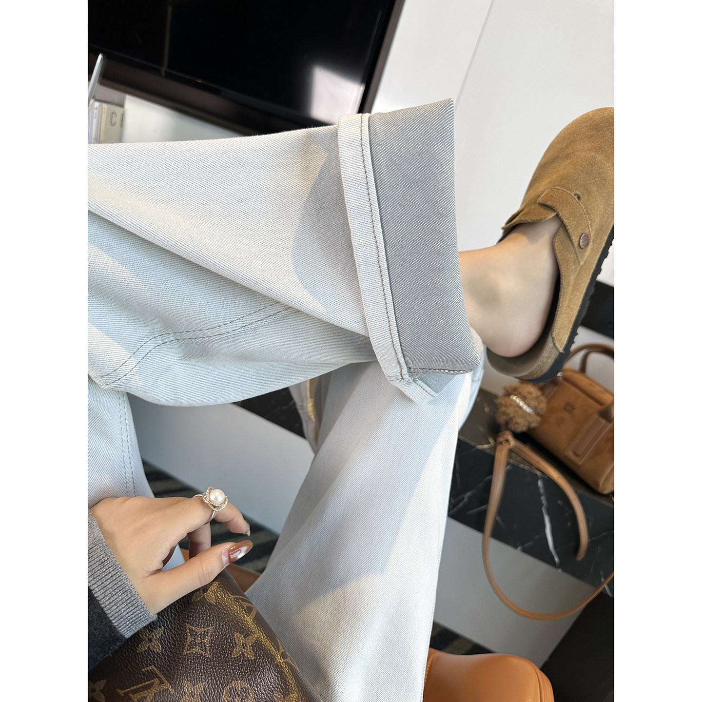 时髦白灰色~！色织梨型高腰阔腿裤女2026新款显瘦宽松直筒牛仔裤,女装/女士精品,牛仔裤,淘宝优惠券,粉丝福利购,淘宝优惠卷