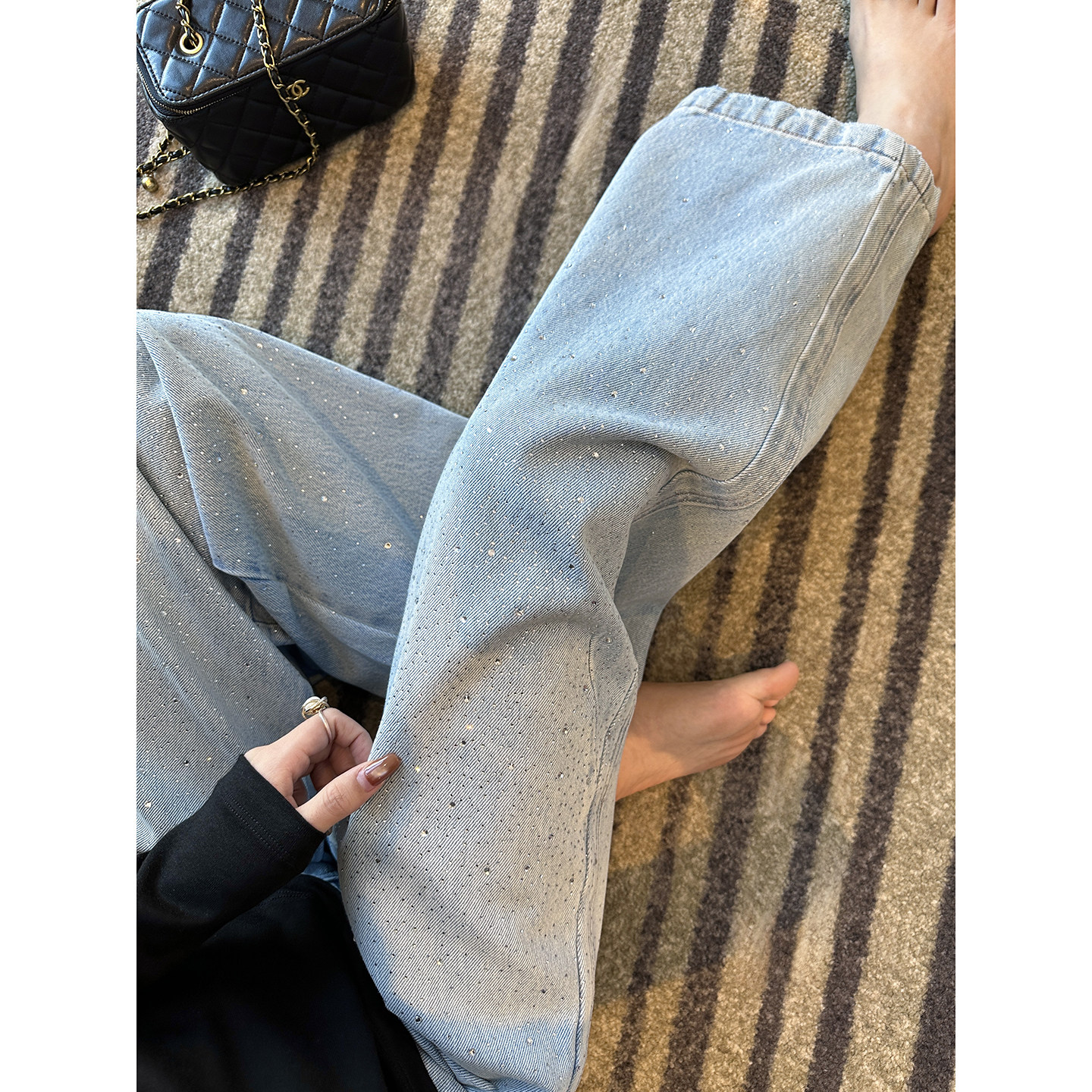 回头率爆表！~鎏金碎钻阔腿牛仔裤女2026早春新款宽松直筒长裤子,女装/女士精品,牛仔裤,淘宝优惠券,粉丝福利购,淘宝优惠卷