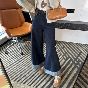 小个子宽松阔腿裤 女秋新款 子 显瘦弧形翻边牛仔裤 拯救腿型焦虑