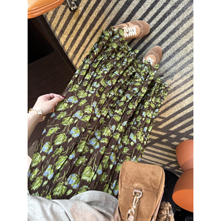 显瘦褶皱高腰A字中长大摆裙 碎花半身裙女2026新款 春日绿野 法式