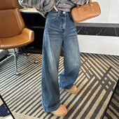 女秋冬复古水洗磨白宽松长裤 松弛感神裤 加厚加绒阔腿牛仔裤 子