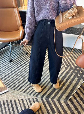 胯宽救星！中线设计显瘦奶奶裤女秋冬深色加绒九分宽松阔腿牛仔裤