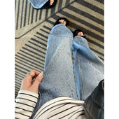 一整个美爆了 显瘦宽松阔腿弯刀裤 细闪满天星烫钻牛仔裤 女春季