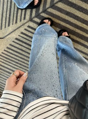 一整个美爆了！~细闪满天星烫钻牛仔裤女春季显瘦宽松阔腿弯刀裤