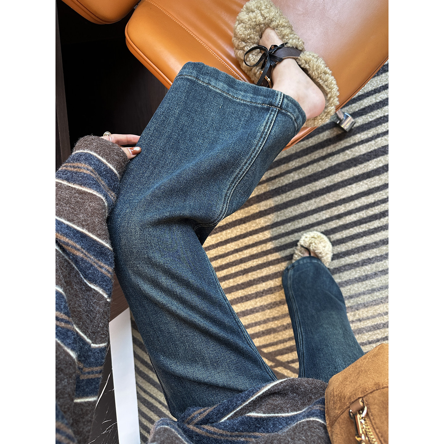 小个子救星！~加厚密密绒高腰微喇叭裤女2025新款弹力显瘦牛仔裤,女装/女士精品,牛仔裤,淘宝优惠券,粉丝福利购,淘宝优惠卷