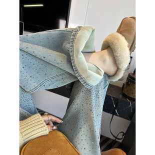 闪闪星河！~带钻阔腿牛仔裤女冬加绒加厚新款宽松慵懒垂感长裤子