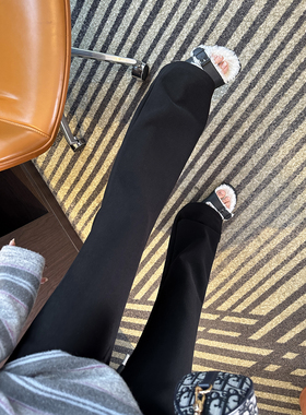 上身秒显瘦！~lu系高腰微喇叭休闲裤女秋冬新深色加绒垂感长裤子