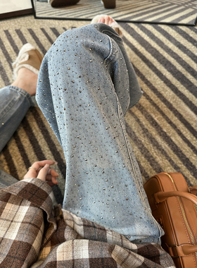 闪耀出圈！~双面带钻阔腿牛仔裤女春新款浅蓝色宽松显瘦弯刀长裤