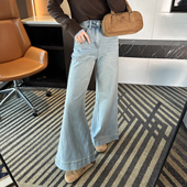 长腿欧尼 子 高腰弹力显瘦长裤 浅蓝色宽边喇叭牛仔裤 女早春新款