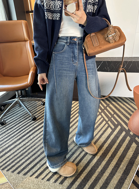 巨遮胯！梨型zui爱~显瘦弯刀牛仔裤女秋冬新款加厚绒宽松阔腿长裤