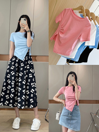 篙品质绝美！~斜开叉短袖T恤女夏